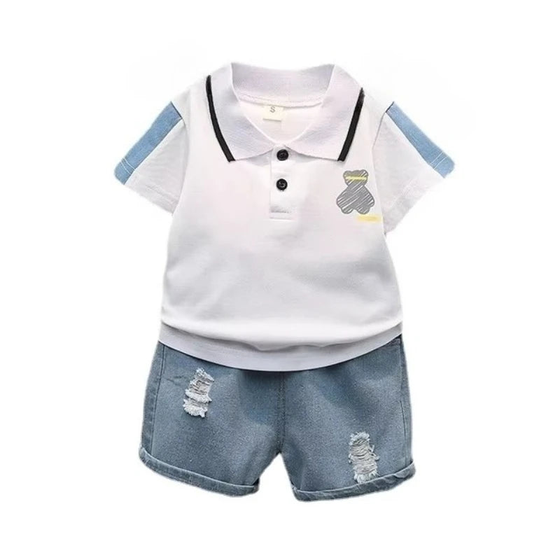 Children Summer Fashion Baby Boys Clothes Cartoon Bear T-shirt Denim Shorts 2pcs/sets Kids Outfits Costume Casual Sports Suit