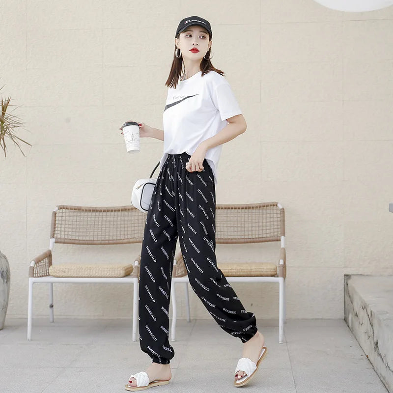 Women's Mosquito-proof Cotton Silk Beach Summer Casual Flower Pants Artificial Cotton Summer Sleeping Pants Thin Adult Bloomers