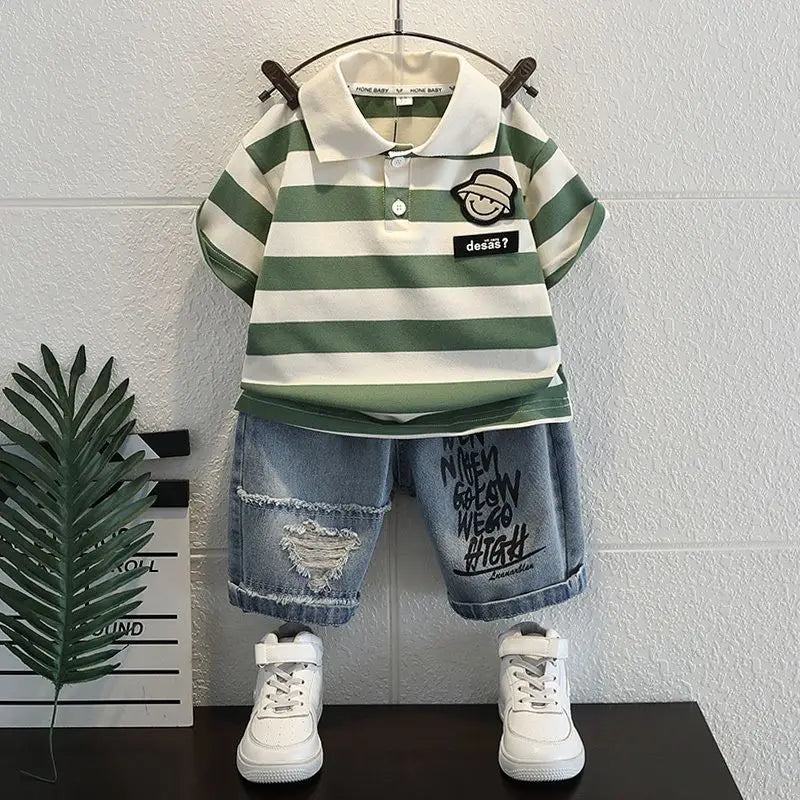 Boys  Summer Outfit T-Shirt and Jeans Korean Polo Fashion  Casual Clothing Korean Reviews Top Toddler Kids Clothes Sets