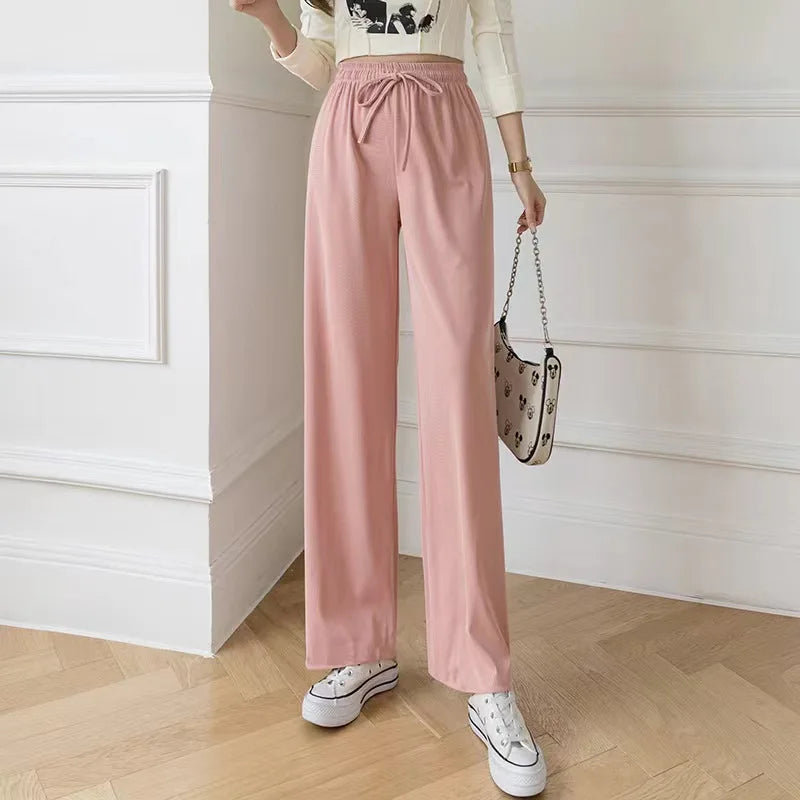 New Women Ankle-Length Wide Leg Pants Casual Summer Solid Elastic Waist Loose Ice Silk Pants Spring Summer Female Trousers