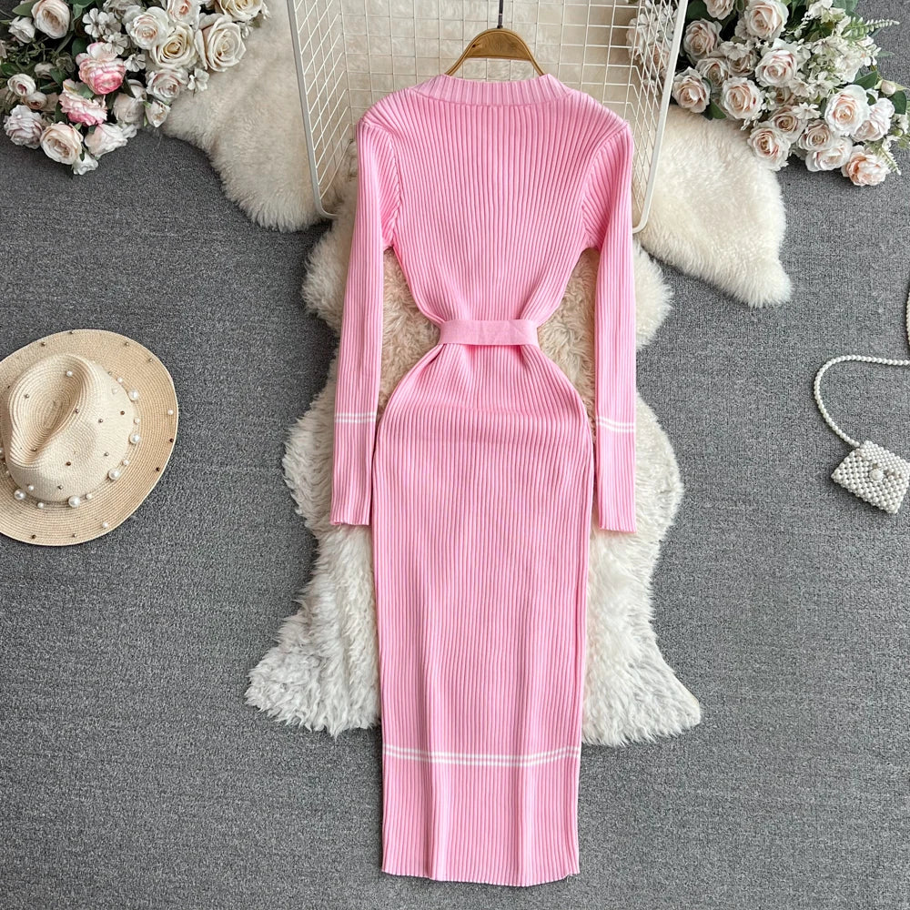 Women Dress  Autumn Winter Elegant Rib Knit Long Pencil Dress with Belt Office Lady Bodycon Sweater Dress Vestidos