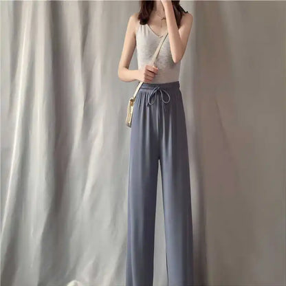 2024 New Women Ankle-Length Wide Leg Pants Casual Summer Solid Elastic Waist Loose Ice Silk Pants Spring Summer Female Trousers