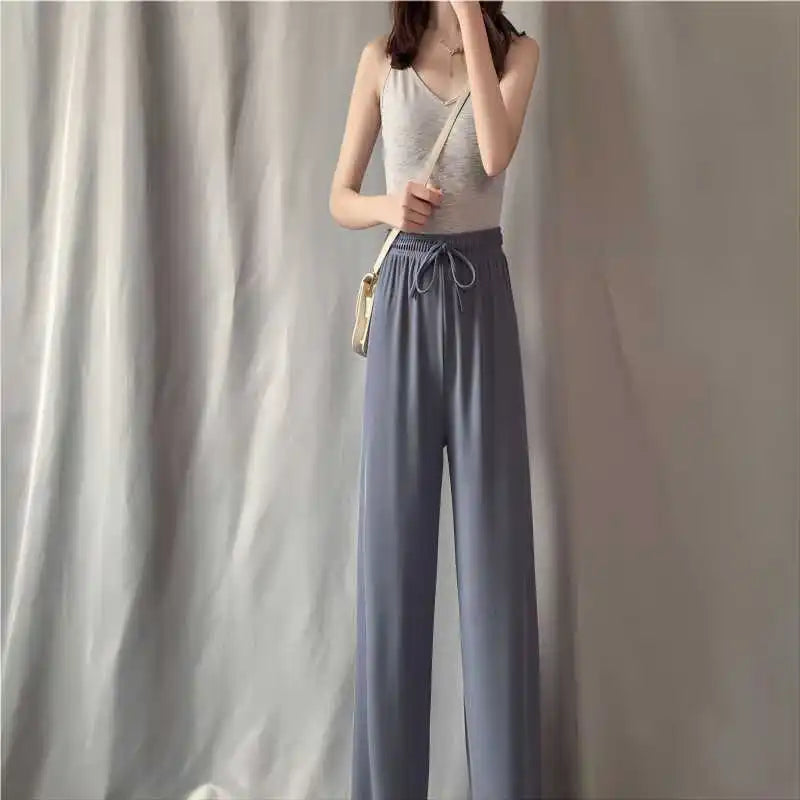 New Women Ankle-Length Wide Leg Pants Casual Summer Solid Elastic Waist Loose Ice Silk Pants Spring Summer Female Trousers
