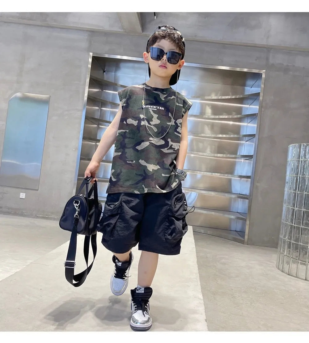Boys Camouflage Vest Set Summer New Style Children's Sleeveless T-shirt Shorts Two Piece Set