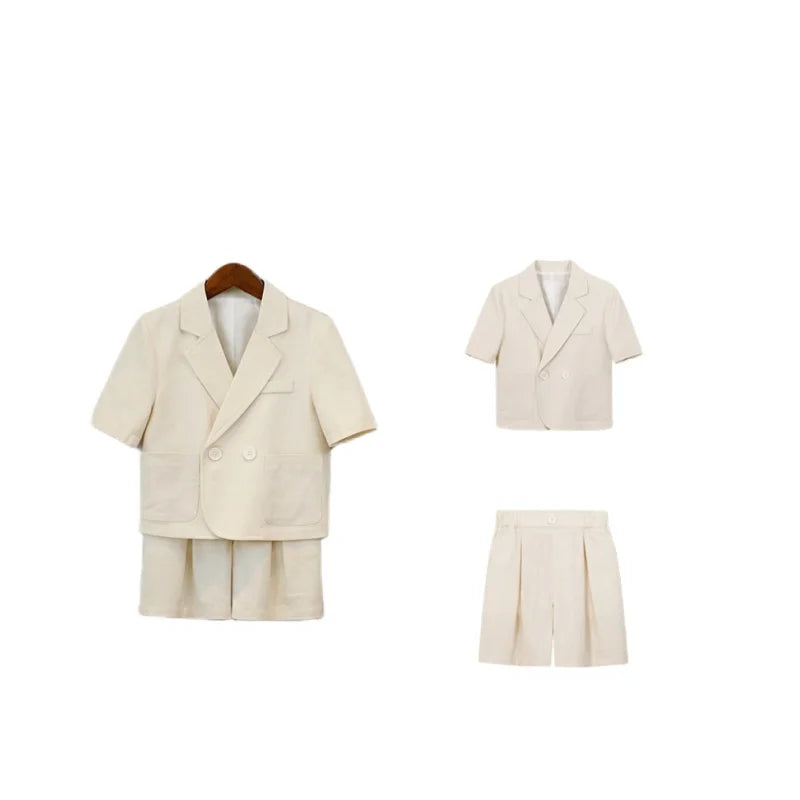 Kids Summer Short-Sleeved Wedding Suit Set Boys Blazer Pants Outfit Children's Piano Host Speech Performance Costume