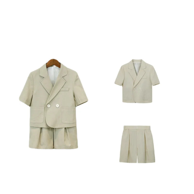 Kids Summer Short-Sleeved Wedding Suit Set Boys Blazer Pants Outfit Children's Piano Host Speech Performance Costume