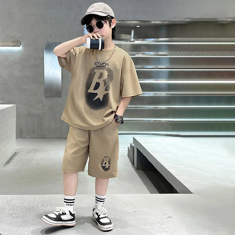 New Summer Teenager Boys Clothing Set Cotton Letter Short Sleeve T-shirt Shorts  Years Kids Tracksuits Child Cloth