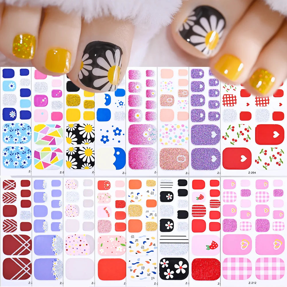 22tips/Sheet Baking Free Daisy Flower Toenail Sticker Full Cover Toe Nail Wraps Glitter Toenail Polish Strips DIY Foot Decals