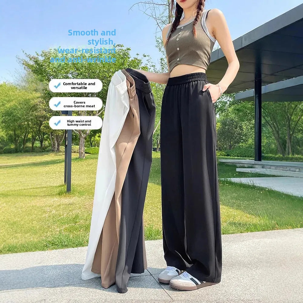 Slim Wide Leg Pants High Waist Drapey Thin Ice Silk Grey Small Size Straight Cut Women's Summer Trousers Long Pants