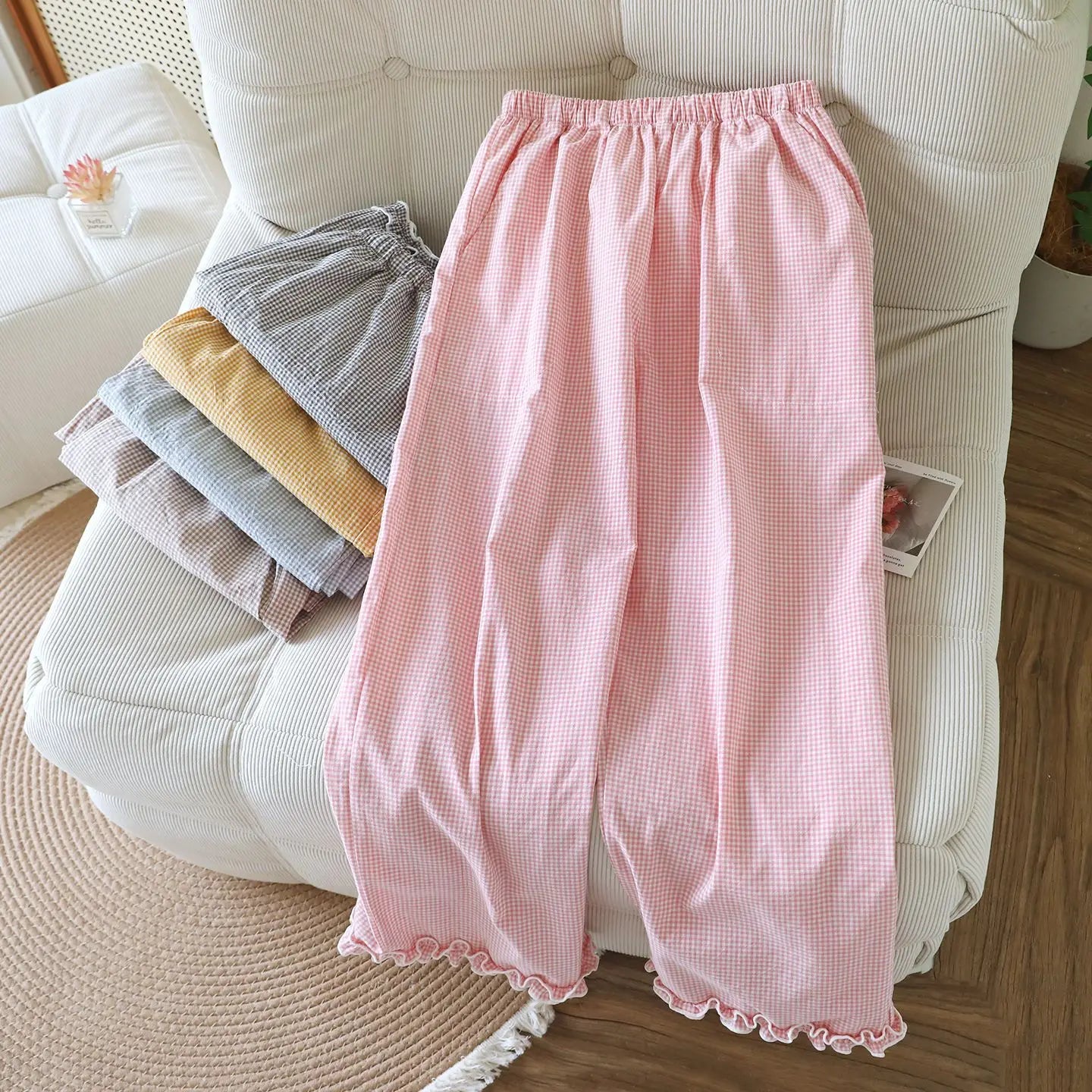 Spring and Summer Thin Loose Size Plaid Design Women's Pajama Pants Elastic Waist Casual Homewear Women Nine-point Trousers