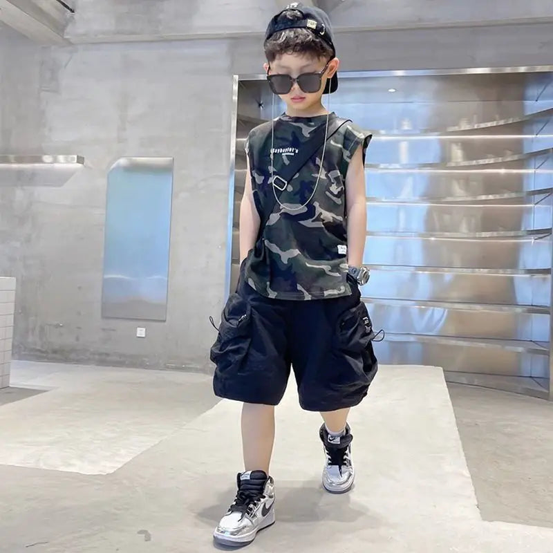 Boys Camouflage Vest Set Summer New Style Children's Sleeveless T-shirt Shorts Two Piece Set