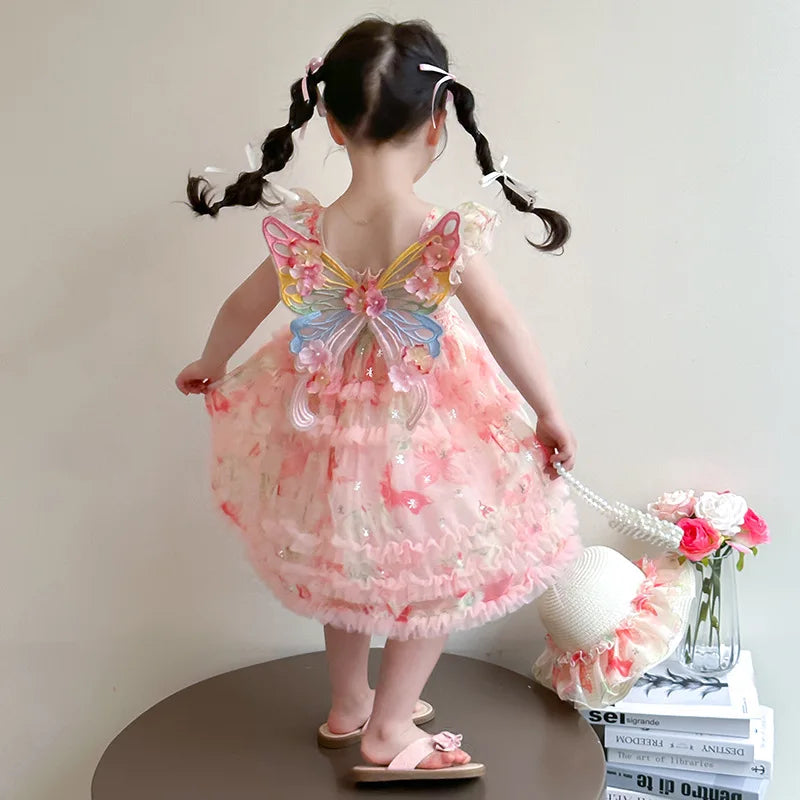 Girl Summer Mesh Dress Doll Baby  Kids Back Butterfly Flower Suspender Princess Dress Fashion Casual