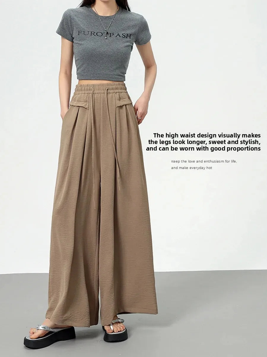 High Waist Wide Leg Pants Women's Ice Silk Loose Fit Casual Trousers Skirt Spring Summer New Style Sliko Moutain Lazy Pants