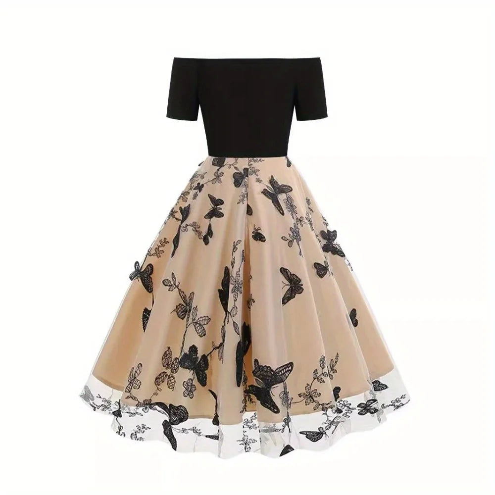New Fall & Winter Western Retro Off-the-Shoulder Dress - Tulle Paneled Evening Gown