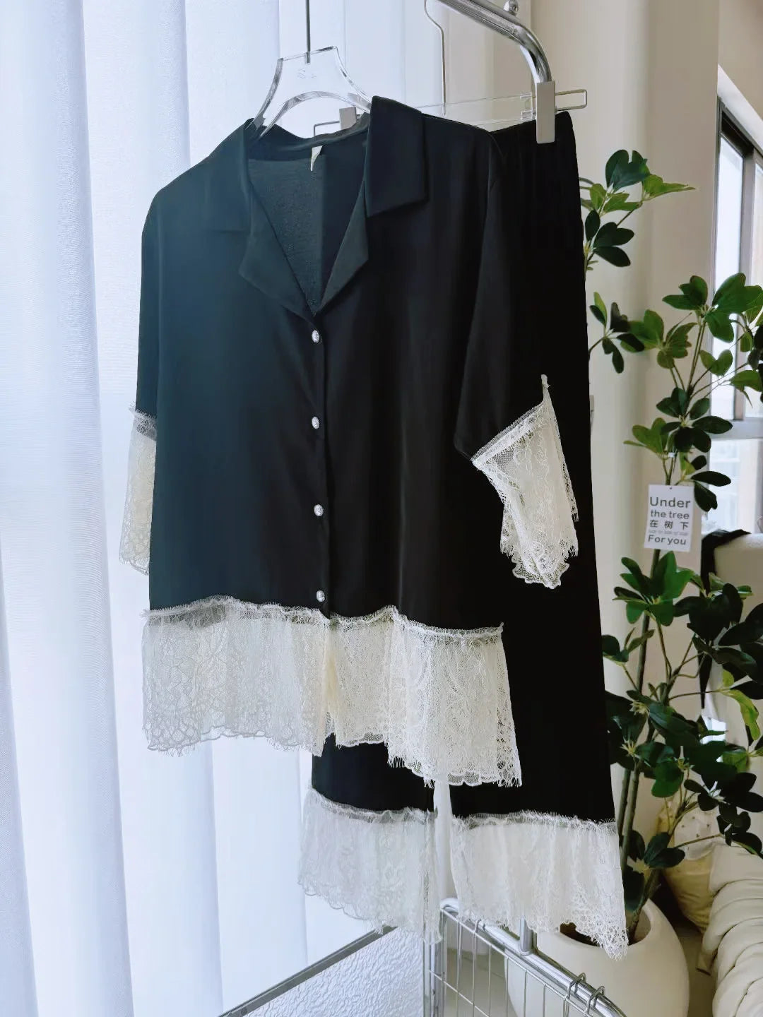 Female Pajamas 2PCS Set Lounge Wear Big Lace Trim Short Sleeve Shirt Trouser Pijamas Suit Sleepwear Pyjama Loose Homewear