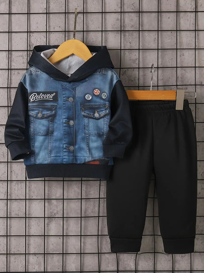 Toddler Boy's Spring and Autumn Outfit: Denim Printed Hoodie + Black Cuffed Pants, Trendy Fake Two-Piece Set for Boys