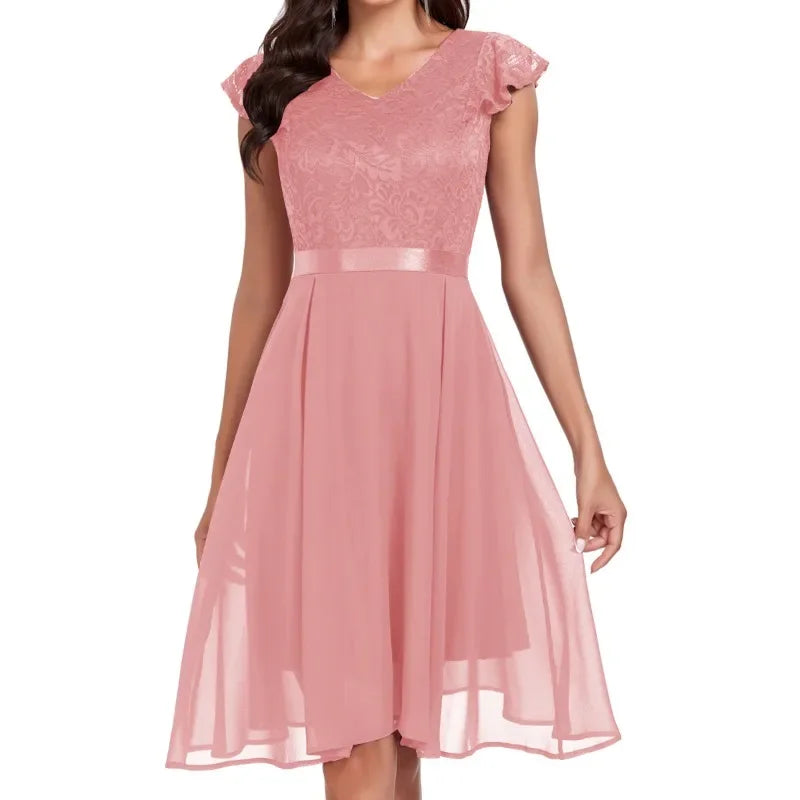 New Women'S Party Dresses Short Sleeve Lace Mid Length Dresses Soild Formal Evening Dress Fine Woman Summer Elegant Dress