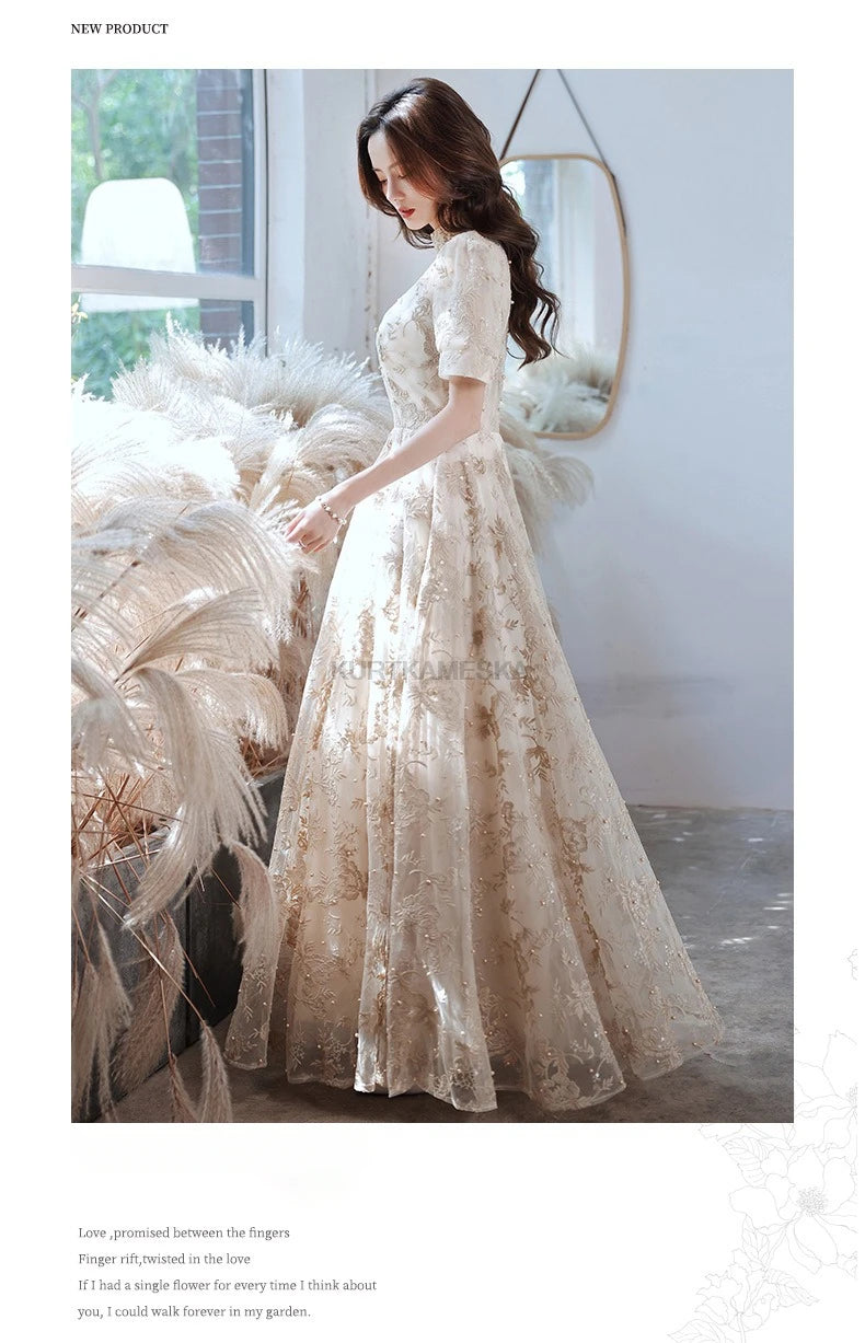 Elegant High Collar Evening Prom Bridesmaid Banquet Party Ball Dress Gown Short Sleeve Flower Embroidery Appliques Formal Dress