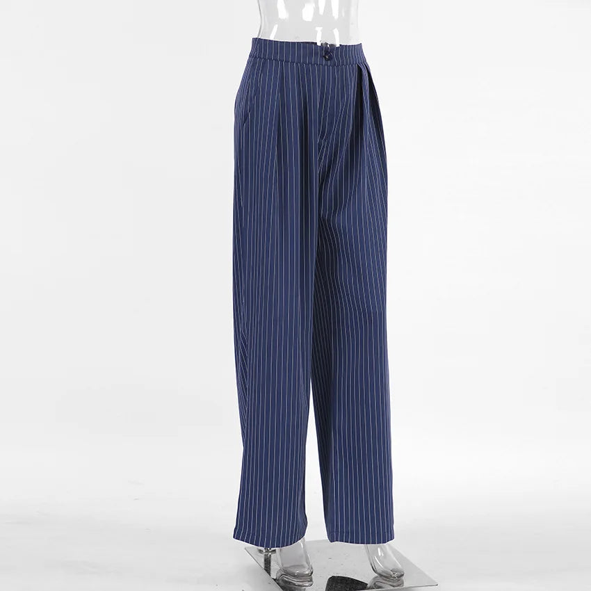 High Waisted Straight Leg Wide Leg Pants For Women's Clothing  Autumn/Winter New Navy Striped Fashionable Casual Pants