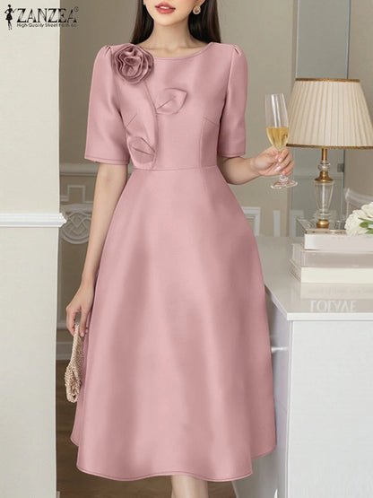 ZANZEA Elegant Woman Party Dresses Shiny Satin Round Neck Short Sleeve Fabric Flower A-line Robes Femme Fashion Midi Vestidos