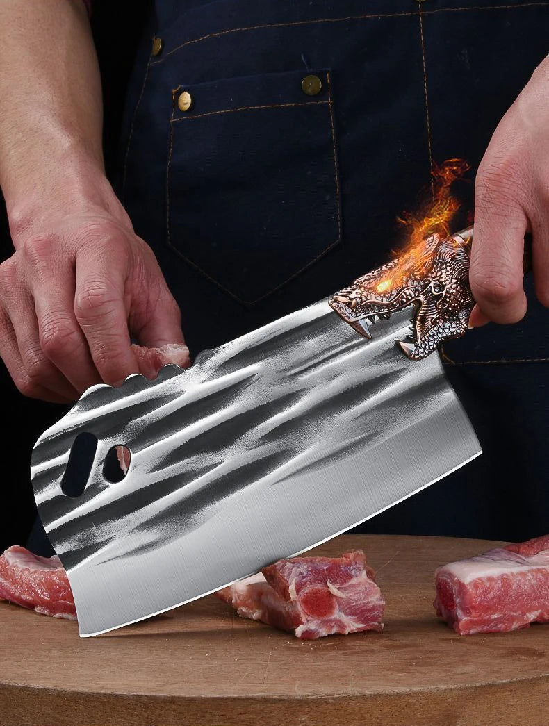 Loong Head Handle Chopping Knife Handmade Forged Bone Knife Butcher Chef's Slicing Knives Cleaver Cooking Knife Kitchen Utensil
