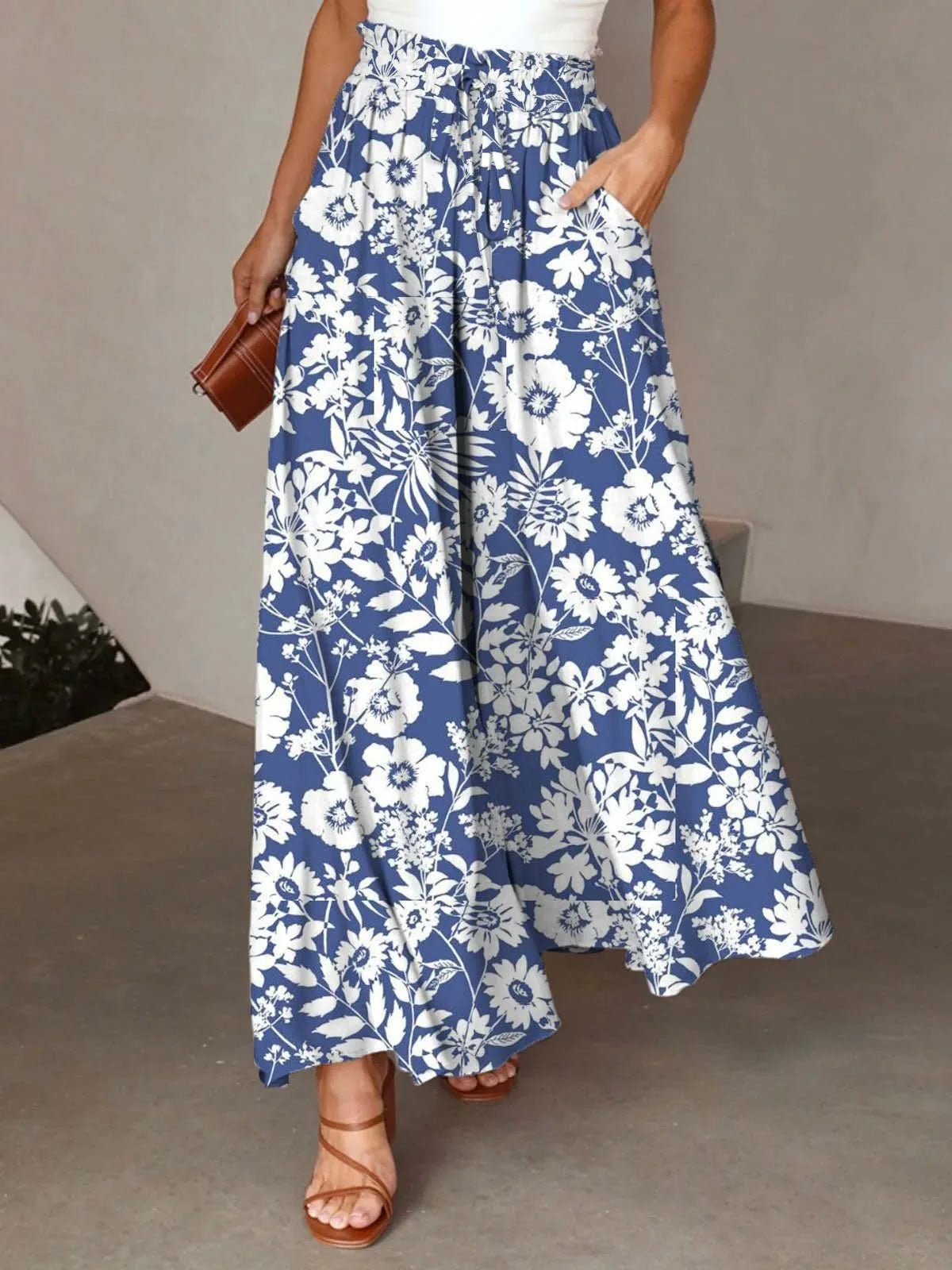 Pant Women Wide Leg Long Pants Print Floral Elastic Waist Straight Trousers  Streetwear Elegant Maxi Capris Loose Summer