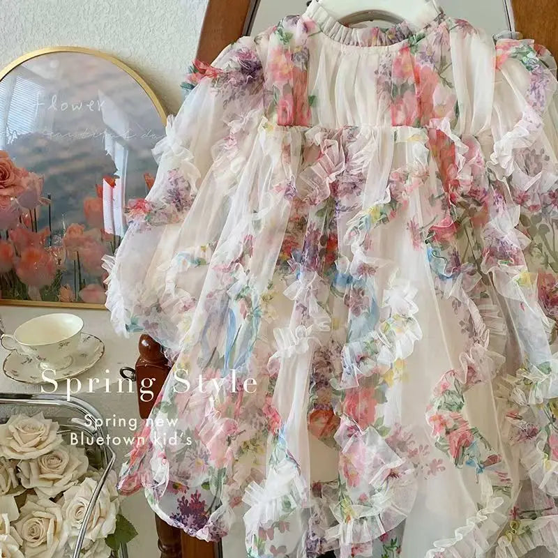 New Baby Girls floral print Fall Mesh Long Sleeve Dress Princess Kids Sweet Party Dresses