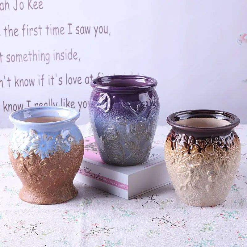 Large Caliber Orchid Ceramic Vase with Flowing Glaze,French Candy Colored Succulent Old Pile Flowerpot, Multiple Styles Colors