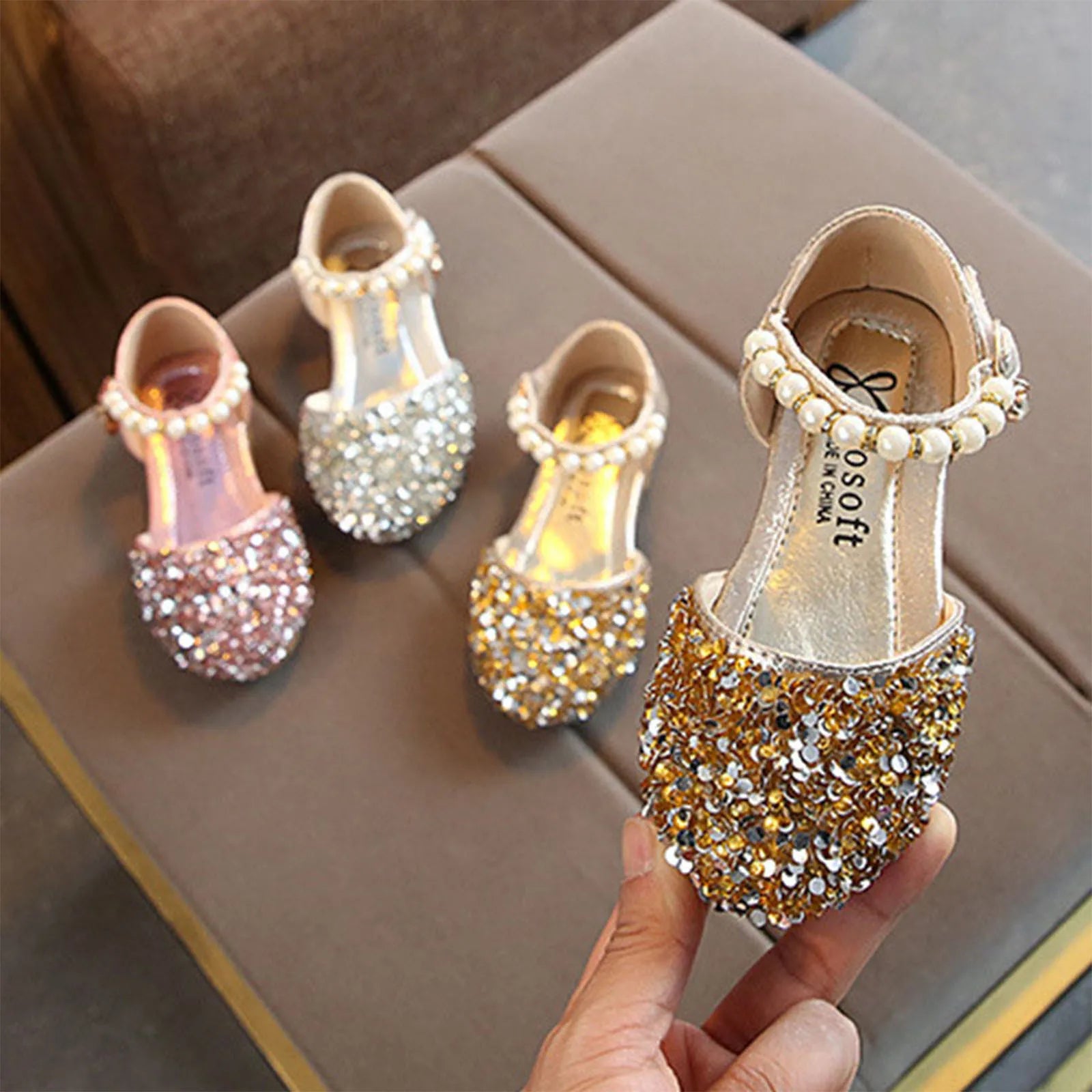 Summer Autumn Toddlers Princess Shoes, Sweet Style Little Girls Sequins Faux Pearl Decoration Sandals without Instep