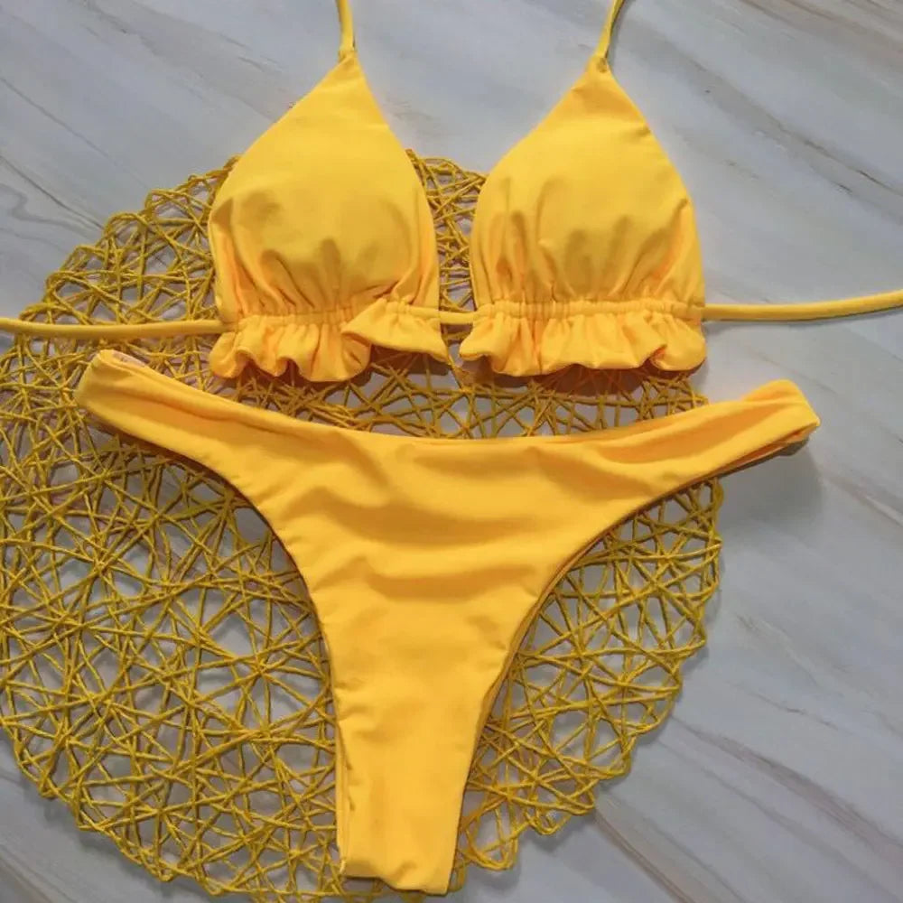 Summer Brazilian Bikini Set Women Sexy Bandage Top Thong Bottom 2 Pieces Set Push-up Swimwear Lace Up Swimsuit Beachwear