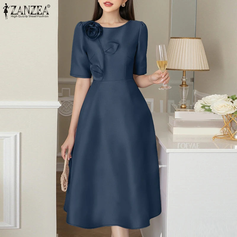 Woman Party Dresses Shiny Satin Round Neck Short Sleeve Fabric Flower A-line Robes Femme Fashion Midi Vestidos