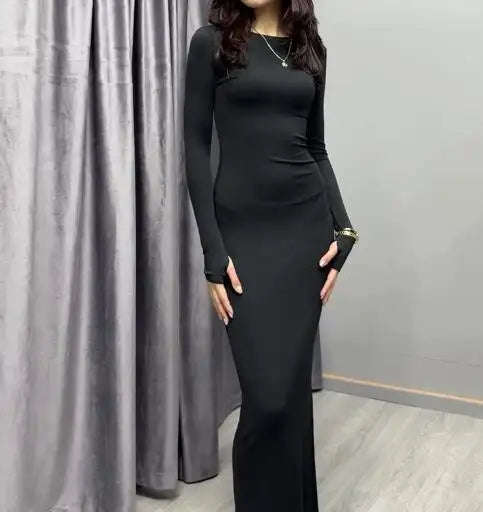 Womens Dresses 2025 Spring Autumn New Fashion Sexy Skinny Hip Hugging Comfortable Solid Color Casual Round Neck Long Dress