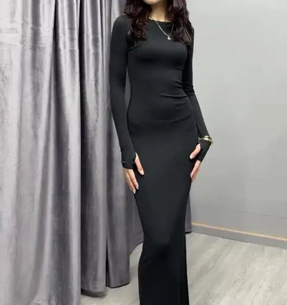 Womens Dresses 2025 Spring Autumn New Fashion Sexy Skinny Hip Hugging Comfortable Solid Color Casual Round Neck Long Dress