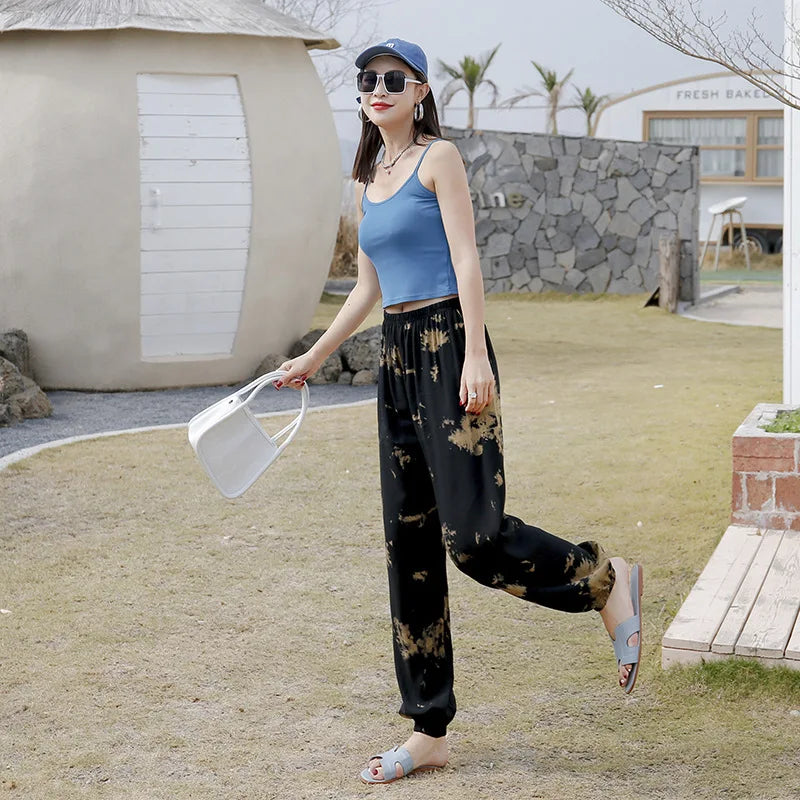 Women's Mosquito-proof Cotton Silk Beach Summer Casual Flower Pants Artificial Cotton Summer Sleeping Pants Thin Adult Bloomers