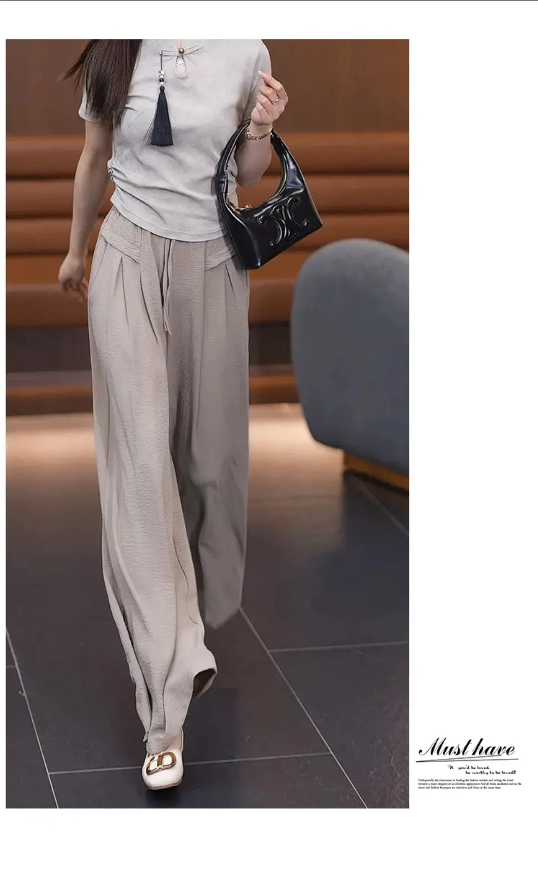 Summer Ice Silk Wide Leg Pants Women's Loose Casual Long Trousers High Waist Korean Sle Polyester Fiber Drapey Sumi Pants