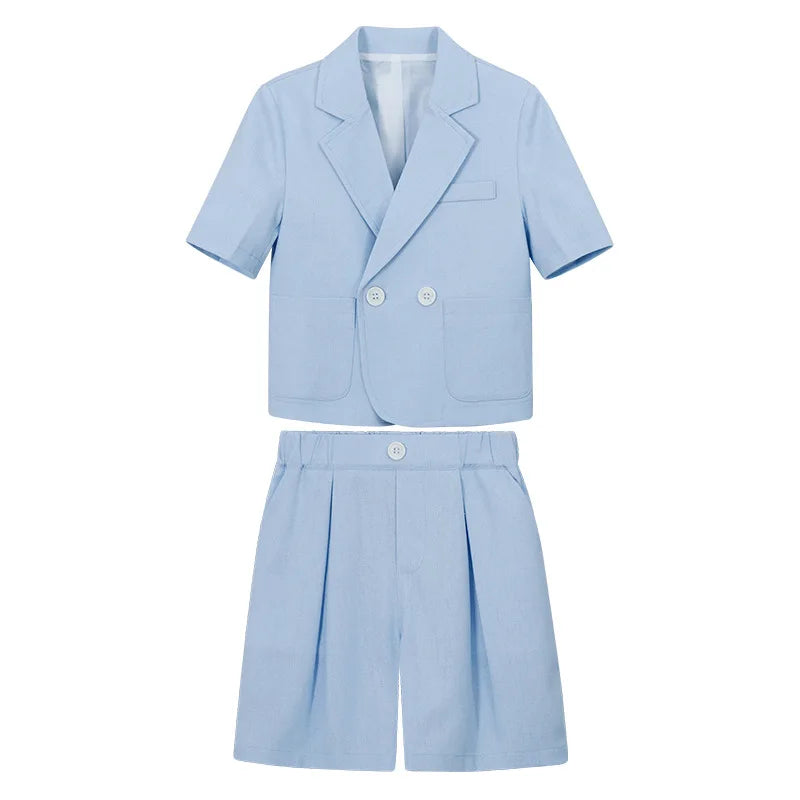 Kids Summer Short-Sleeved Wedding Suit Set Boys Blazer Pants Outfit Children's Piano Host Speech Performance Costume