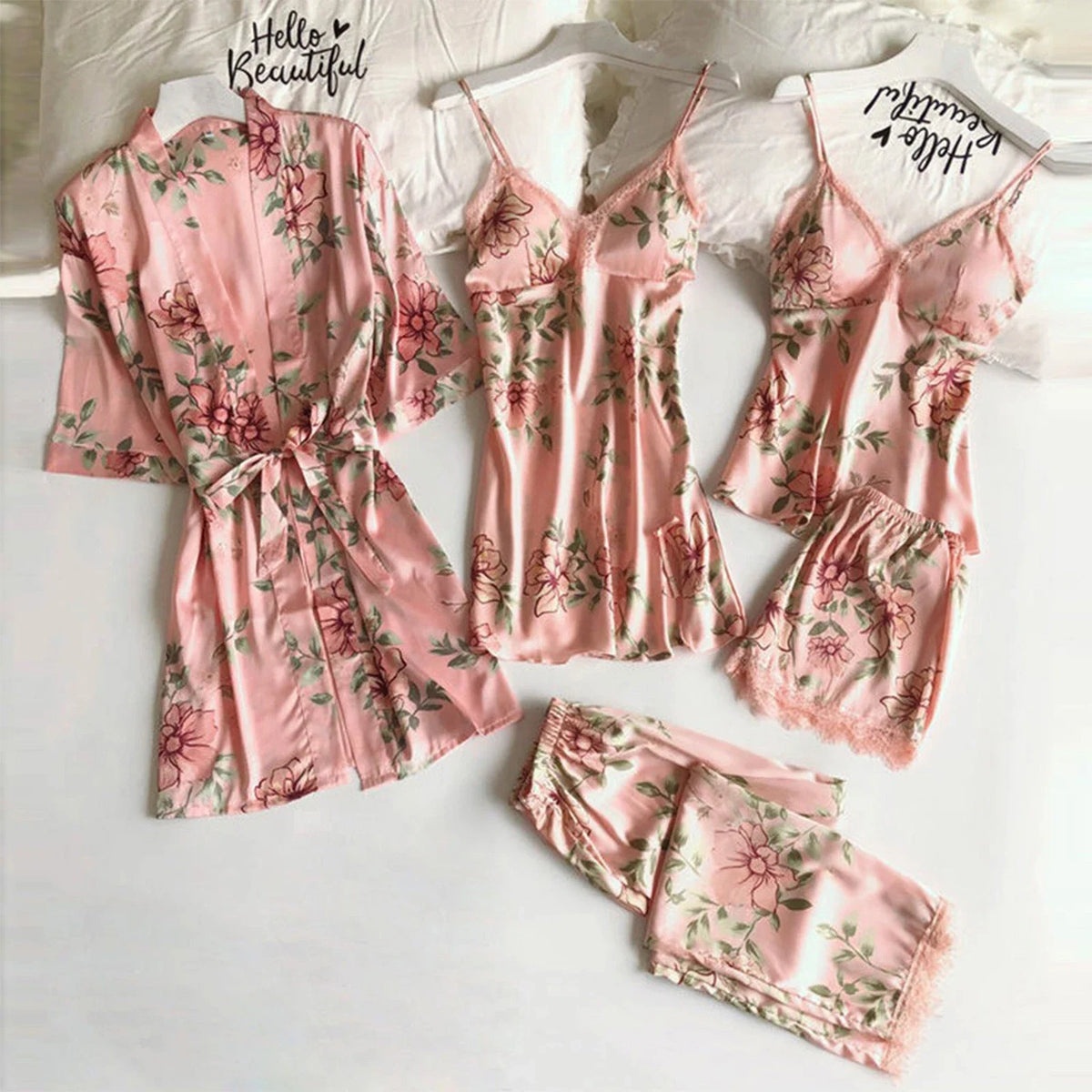 Women'S Printed Sleepwear Loose And Comfortable Lace Five Piece Set Sleeveless Camisole Nightdress Home Clothing Bathrobe