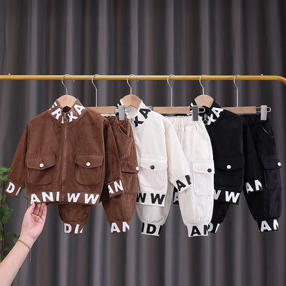 Baby Boys Clothes Suit Children Fashion Autumn/Winter Printed Corduroy Boys' Coat Zipper Long Sleeve Boys' Top+Pants Casual Set