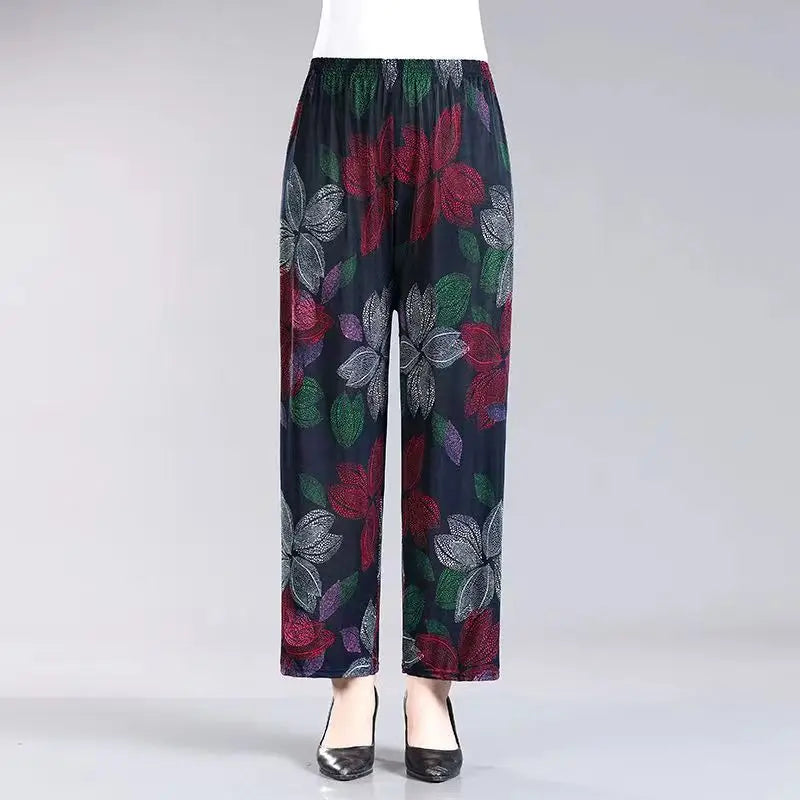 High Waist Floral Pants Straight Leg Home Leisure Women's plus Size High Elasticity Air Conditioning Pants Casual Trousers