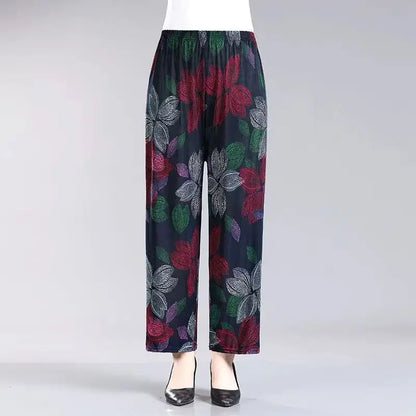 High Waist Floral Pants Straight Leg Home Leisure Women's plus Size High Elasticity Air Conditioning Pants Casual Trousers
