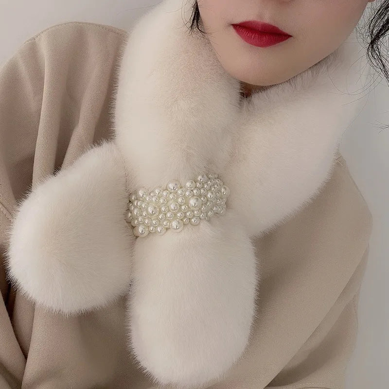 Autumn and winter high-end imitation rabbit fur women's outdoor thick warm cross pearl button plush scarf
