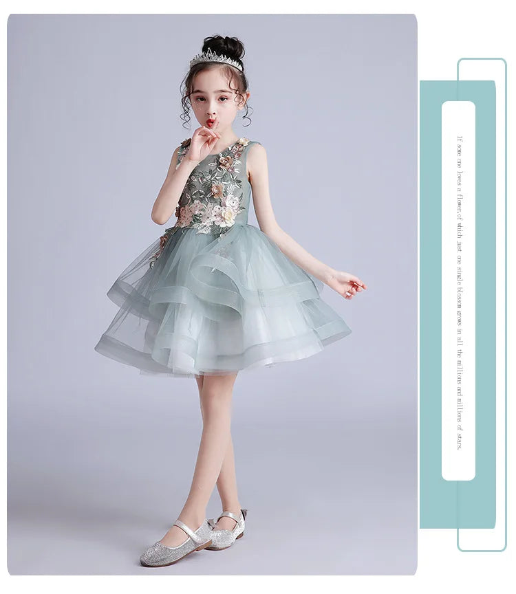 Kids Girls Layered Dress  Elegant Flower Girl Dresses for Wedding Birthday Party Children Festival Ball Gown