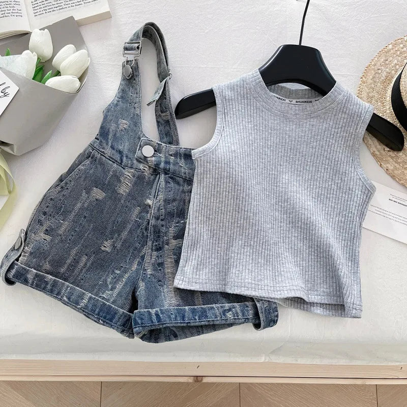 Girls' Clothing Set Sleeveless Top+printed Denim Shorts Two-piece Set for Girls Fashion Suits