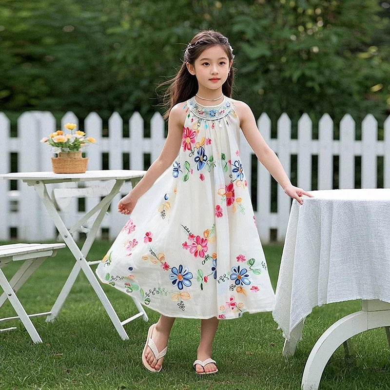 Girls Sequin Floral Collar Princess Dress Summer Fashion Flowers Print Girls Clothes Round Neck Solid Color Kids Costume