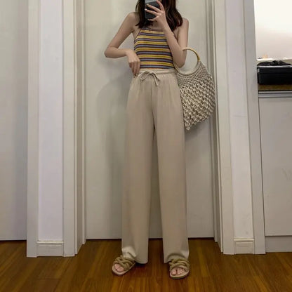 2024 New Women Ankle-Length Wide Leg Pants Casual Summer Solid Elastic Waist Loose Ice Silk Pants Spring Summer Female Trousers