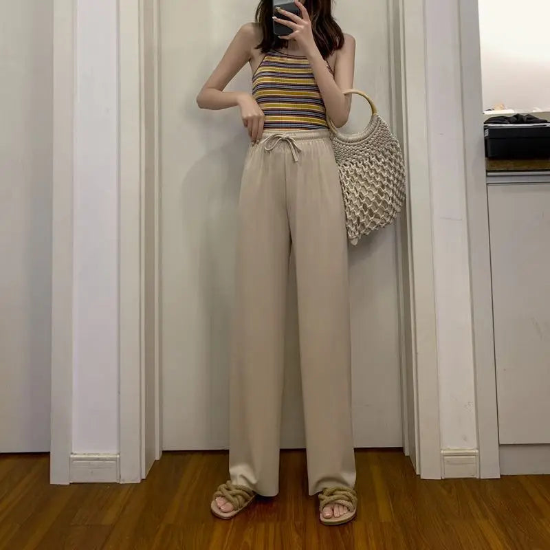 New Women Ankle-Length Wide Leg Pants Casual Summer Solid Elastic Waist Loose Ice Silk Pants Spring Summer Female Trousers