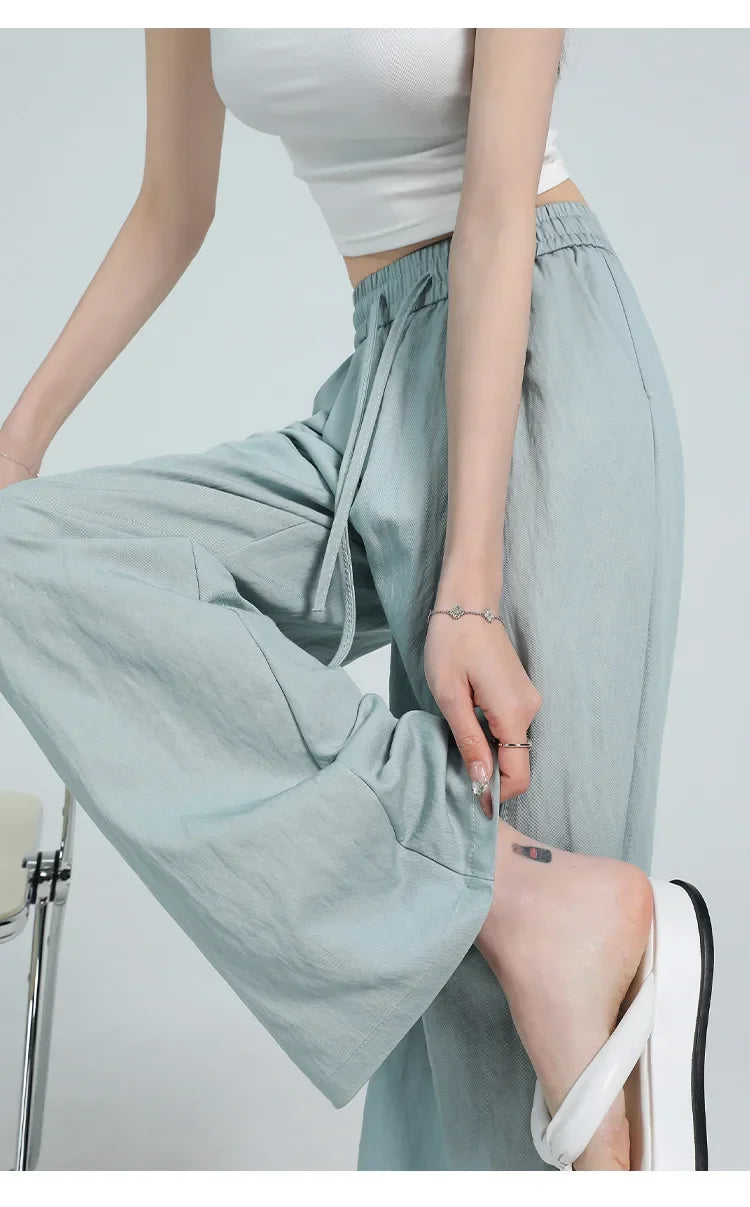 White Ice Silk Wide Leg Pants Women's Summer Thin High Waist Slimming Casual Versatile Elastic Waist Draped Straight Leg Trouser