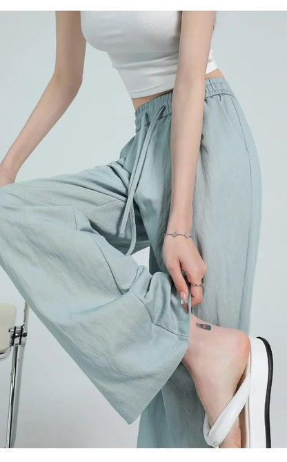 White Ice Silk Wide Leg Pants Women's Summer Thin High Waist Slimming Casual Versatile Elastic Waist Draped Straight Leg Trouser