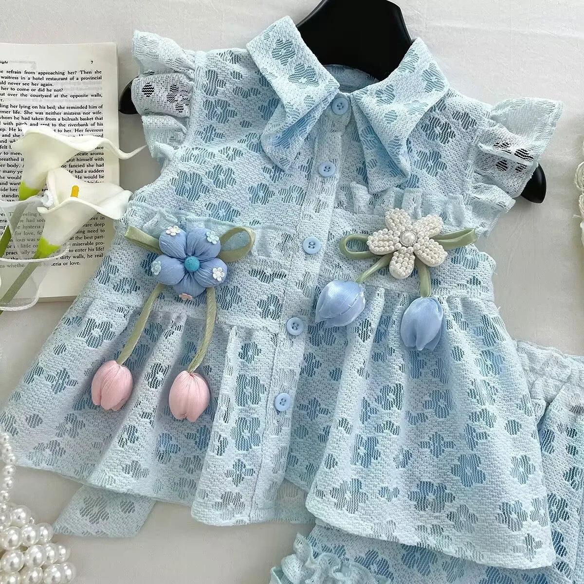 Summer Girls' Suit New Lace Flower Vest Top Lace Shorts Pants Girl Baby Princess Kids Fashion Two Piece Set