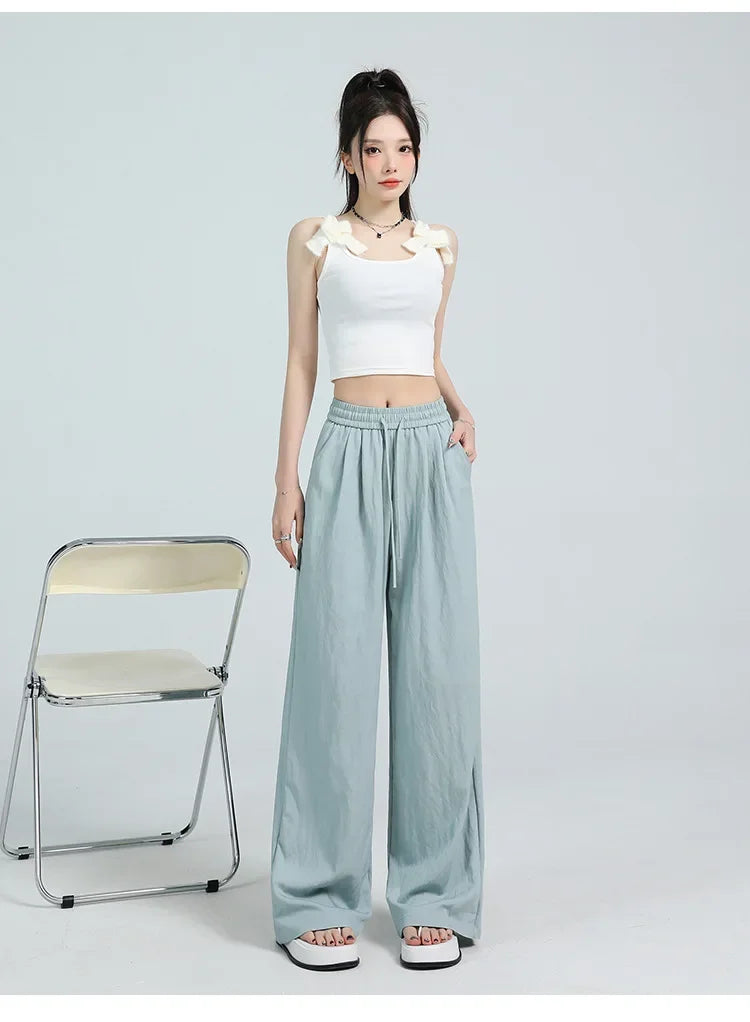 White Ice Silk Wide Leg Pants Women's Summer Thin High Waist Slimming Casual Versatile Elastic Waist Draped Straight Leg Trouser